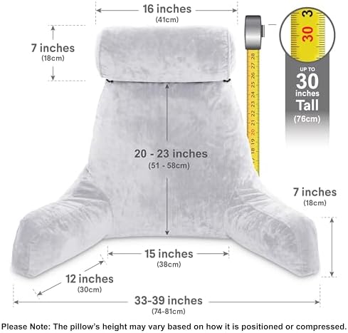 Husband Pillow XXL The Original for Adults - 30" Tall Backrest for Sitting Up in Bed - Firm Support Reading & Bed Rest Pillows for Adults, Neck Roll, Removable Cover - TV - Light Grey