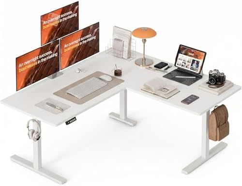 Grandder L Shaped Standing Desk Adjustable Height, Electric Standing Corner Desk, 160 x 140 cm Sit Stand Computer Table with Splice Board, White