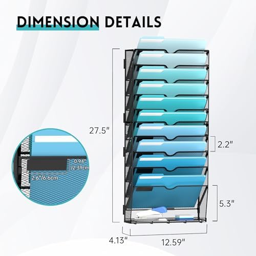 11-Tier Wall File Organizer and Mail Organizer with 5 Hooks, Black