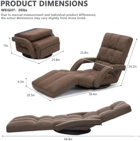 360° Swivel Floor Gaming Chair with Adjustable Footrest, 14-Position Folding Floor Lounger Sofa with Armrests, Reclining Floor Chair for Adults, Reading, Gaming & Relaxing (Brown-1)