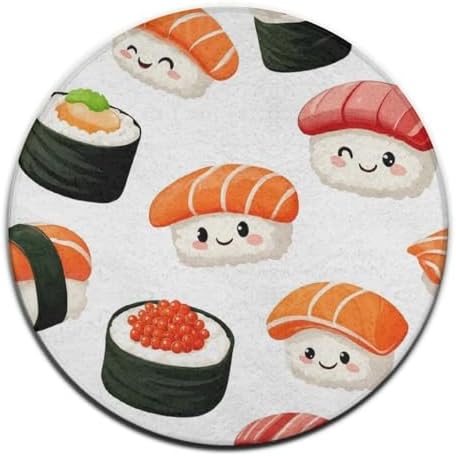 Soft Round Yoga Carpet, Large Home Decor Mat, Non Slip Machine Washable Kitchen Office Circle Rug Kawaii Food Theme Japanese Sushi