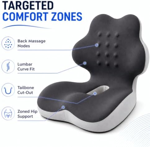 Ergonomic L-Shaped Memory Foam Seat Cushion with Lumbar Support, One-Piece Office Chair Cushion for Tailbone, Hip & Lower Back Pain Relief, Car Seat, Truck, Wheelchair & Home, Gray