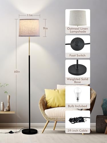60" Modern Floor Lamp with Linen Shade, 3 Color LED Bulb & Foot Switch