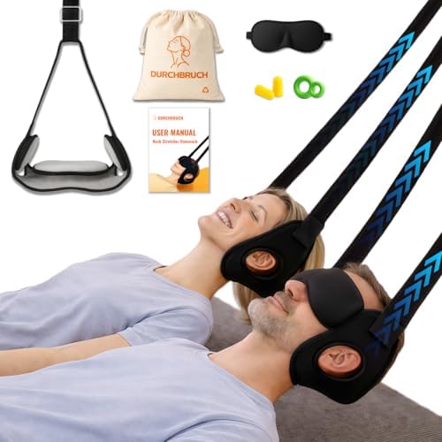 Durchbruch Neck Stretcher Hammock for Neck Pain Relief, Adjustable Cervical Traction Hammock with 3-Level Support, Soft Removable Cushions, Silicone Door Protectors, Eye Mask, Earplugs & Storage Bag