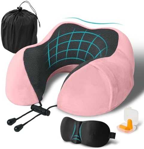 Travel Pillow, Memory Foam Neck Pillow for Traveling, U Shape Neck Pillow Airplane Portable Flight Pillow Travel Kit with 4D Contoured Eye Masks and Earplug for Plane Train Car Home Office - Pink