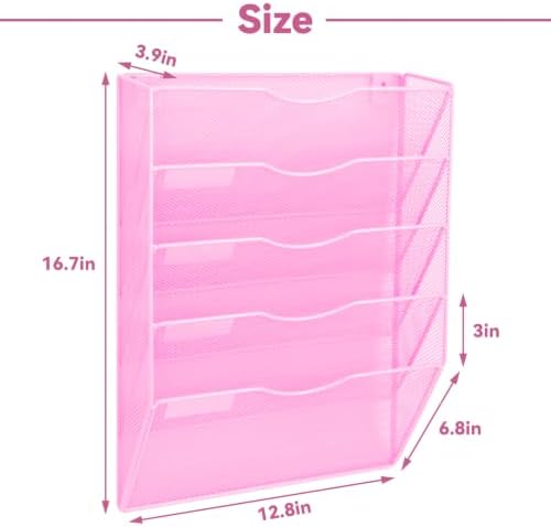 5 Pockets Mesh Wall File Holder Organizer Office Hanging File Folder Magazine Rack, Nametag Label Hooks Set Included (Pink)