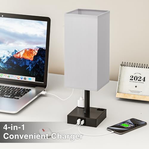 Grey Touch Table Lamp for Bedroom - Dimmable, USB C+A, 2 AC Outlets