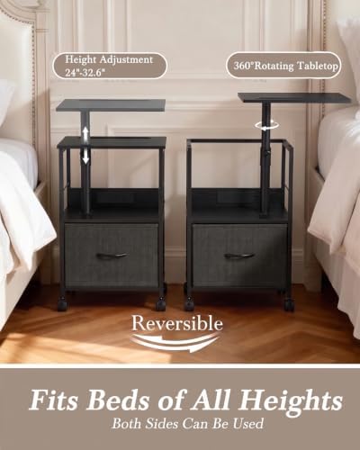 Faesun Night Stand with Charging Station & Swivel Top, Black Gray