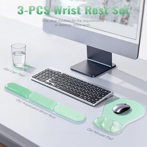 Ospelelf Mouse Pad with Wrist Rest Set Gel Ergonomic Keyboard Wrist Support Anti-Slip Rubber Bottom Office Women Desk Accessories for Computer, Laptop and Gaming, Green