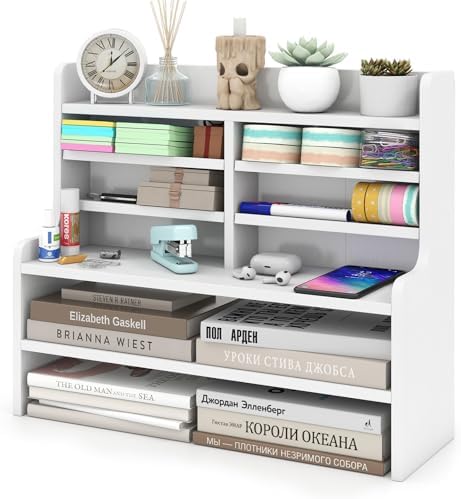 Tangkula Double 6-Tier Desktop File Organizer, Wooden Mail Letter Tray Organizer with 4 Removable Shelves for Papers, Folders & Office Supplies, Space-Saving File Holder for Small Spaces & Office