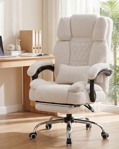 GTPLAYER Big and Tall Office Chair with Pocket Spring Cushion & Ergonomic Lumbar Support for Lower Back Pain Relief, High Back Computer Gaming Chair with Foot Rest, Comfy Teddy Fleece, White