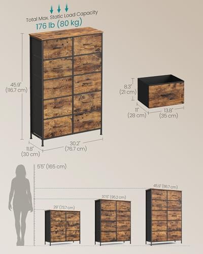 SONGMICS Dresser for Bedroom, Tall Dresser with 10 Fabric Drawers