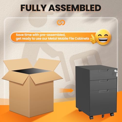 3 Drawer File Cabinet with Lock, Fully Assembled Metal Mobile Filing Cabinets for Home Office, Small Rolling File Caninet on Wheels for Legal/Letter / A4 File, Black