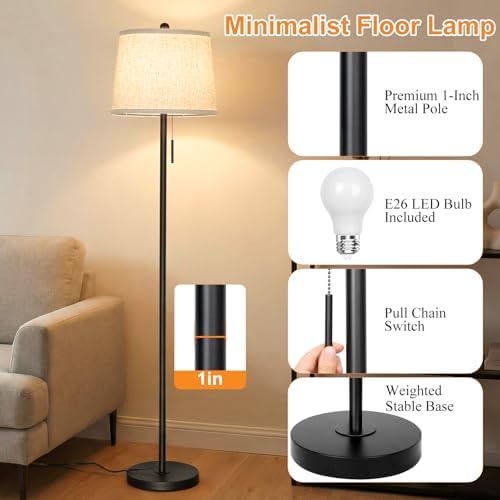 JUNNAI 【Upgraded】 Modern Black Floor Lamp 63in Standing Lamp for Living Room Bedroom Office 3 Way Brightness Dimmable Tall Pole Light with Beige Linen Shade Metal Shade 8W 3000K LED Bulb Included