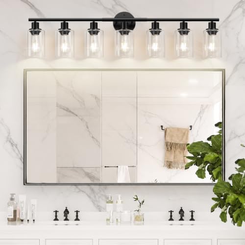 Zarbitta 7-Light Bathroom Light Fixtures, Black Modern Vanity Lights with Clear Glass Shade, Bathroom Wall Lamp, for Mirror, Kitchen, Living Room, Hallway, Cabinet