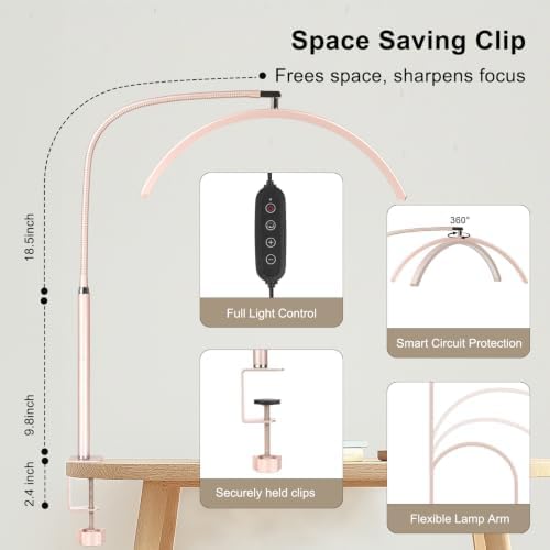 Professional Half Moon LED Desk Light for Nail Techs & Artists – Flexible Gooseneck Lamp with Clamp, 3 Color Modes & 5 Brightness Levels for Manicure, Tattoo, Beauty Work