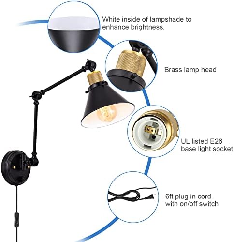 TRLIFE Plug in Wall Sconces, Dimmable Wall Sconce Swing Arm Wall Lights Plug in, Adjustable Wall Mounted Light Wall Lights with 6FT Plug in Cord, E26 Base(Two Arms, 2 Pack)