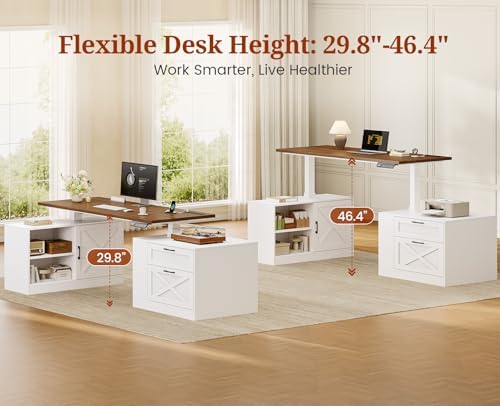 UPOSOJA 71" Farmhouse L Shaped Standing Desk, Electric Height Adjustable Corner Desk with Storage Cabinet & File Drawers, Wood Stand up Computer Desks with Power Outlets for Home Office