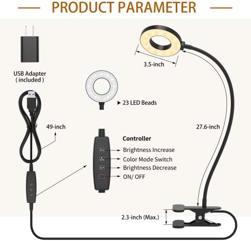 iZELL Desk Lamp, LED Reading Light with Clamp, 3 Color Modes & 10 Brightness Flexible Arm Book Light for Kids Reading Book in Bed at Night Clip on Table, Computer, Zoom Meetings - 27.6‘’ Black