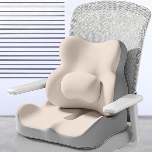 Ergonomic Memory Foam Chair Cushion Set, Seat Cushion with Lumbar Back Pillow for Long Sitting, Tailbone & Lower Back Pressure Relief for Office Home Desk Chair(Beige)