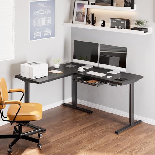 SANODESK Electric L-Shaped Corner Standing Desk with Drawer，63x55