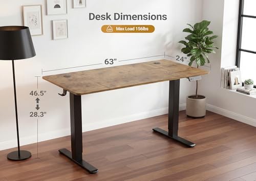 YDN Electric Standing Desk Adjustable Height, 63 x 24 Inches Sit Stand up Desk with Memory Presets & Cable Management, Home Office Desk for Office & Computer Workstation, Black Frame/Rustic Brown Top