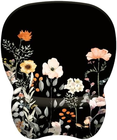 Mouse Pad with Wrist Support, Ergonomic Mousepad with Comfortable Memory Foam Wrist Rest Cushion, Relieve Wrist Pain, Non-Slip Rubber Base Gaming Mice Pad for Home Office Computer Laptop, Flower Black