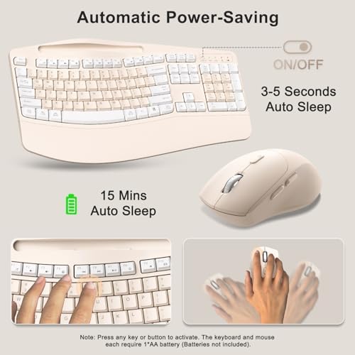 Wireless Keyboard and Mouse Combo, 2.4G Ergonomic Wave Keys(Milk Tea-A)
