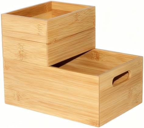 3 Pack Bamboo Storage Box with Handle, Wooden Organizer Bins