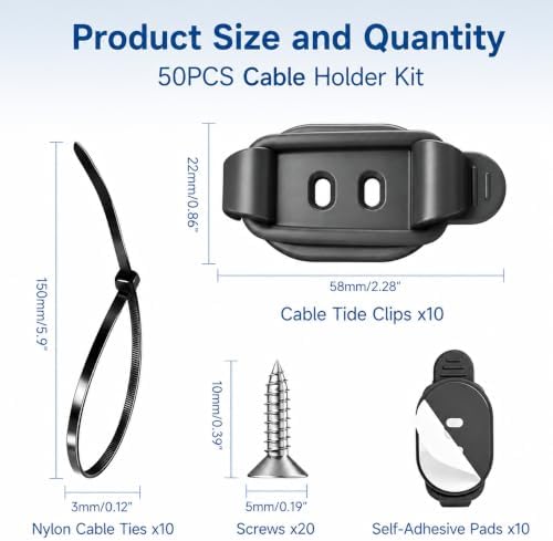 10 Sets Adjustable Cable Management Clips, Self Adhesive Cord Organizer with Elastic Loop, Reusable Cable Holder for Desk, Under Desk, Wall, TV, Office, Home, Charging Cables, USB, HDMI, PC Wires