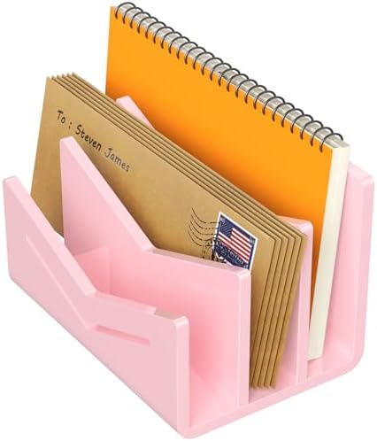 Beego Envelope and Mail Organizer Countertop - 3 Compartments Pink Acrylic Desk Organizer Letter Holder Desktop File Sorter Bill Document Folder Rack for Office, Home, School Desk Organization