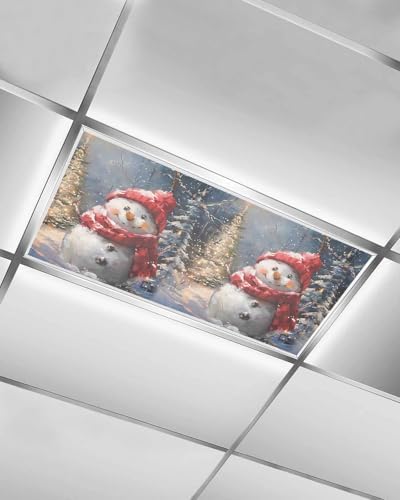 Red Snowman Magnetic Fluorescent Light Covers for Ceiling Lights 2 x 4 Feet,Christmas Tree Rustic Forest Painting Office Classroom Kitchen Drop Ceiling Light Covers Lighting Filters Shade Panel 1 Pack