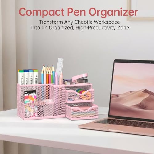 Mesh Desk Organizer with 2 Drawers, Metal Pen Holder for Desk, Pink