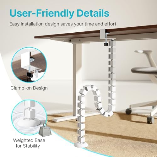 PEGZONE Under Desk Cable Management Spine – Flexible Cable Snake Organizer for Standing Desk, No Drill Clamp-on Vertebrae Wire Management for 0.4"-2" Table, White