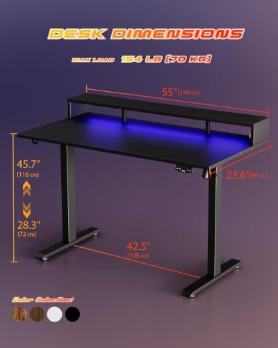Agilestic 55 * 24 Inch Electric Standing Desk with Shelf & Led, Black