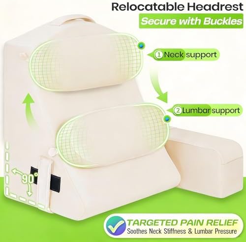 Reading Pillow for Adults, Back Pillow for Bed Sitting Up, Backrest Pillow for Sitting in Bed, Detachable Arms with Built-in Cup & Phone Caddy (Beige, 21 INCH)