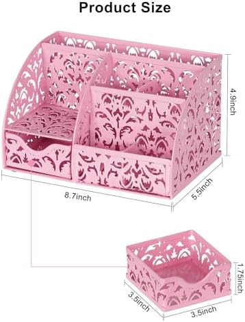 EasyPAG Desk Organizer and Pen Holder for Desk, Mesh Office Supplies Storage Caddy with Drawer for Small Space, Desktop Organizer for Home Office, Pink