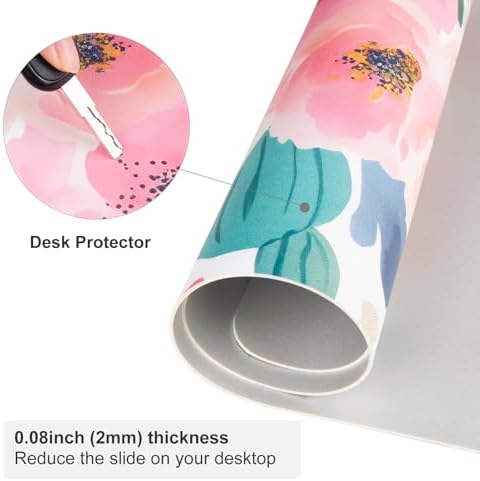 Faux Leather Large Mouse Pad, Office Desk Mat, 31.5"x11.8", Pink Floral