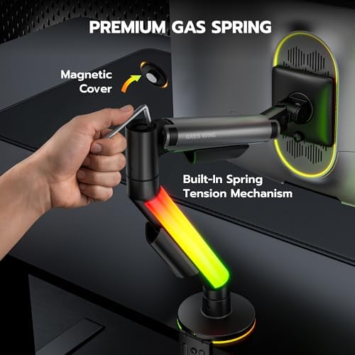 ARES WING RGB Single Monitor Arm Desk Mount for 17-40 inch Monitors, Grey