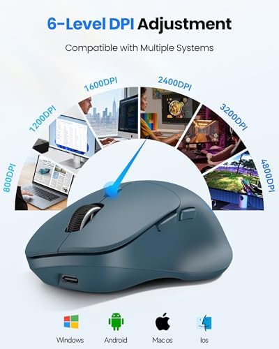 TECKNET Wireless Mouse Bluetooth 5.0/3.0 & 2.4G Rechargeable, Silent Clicks, Adjustable 4800 DPI, 6 Buttons, Ergonomic Design, Bluetooth Mouse for Laptop, Computer, ipad - Blue