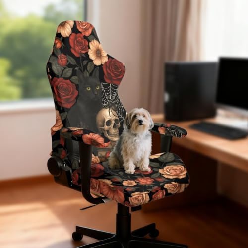 Gothic Black Cat Rose Skull Gaming Chair Cover Stretchable Game Chair Slipcovers with 2 Armrest Covers, Scratch-Proof Gamer Desk Chair Covers for Computer Office Seat