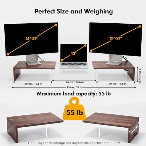 High-Clarity Dual Monitor Riser, Acrylic Monitor Riser, Adjustable Angle & Length Computer Monitor Stand, Wide Desk Shelf for Top of Desk for Home Office_Walnut Look Small