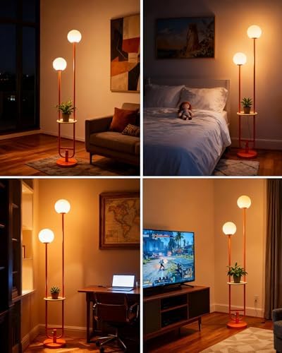 63IN 2-Globe Orange Floor Lamp Dimmable Tall Standing Lamps with Table 3000K Warm White Unique Modern Mid Century Floor Lamp with 5Lbs Heavy Base for Living Room Bedroom Home Office