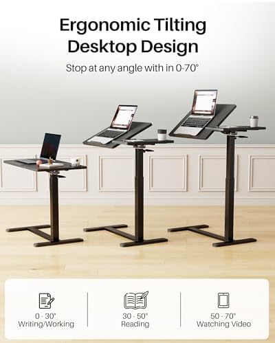 Overbed Table with Wheels, Pneumatic Lift, Foldable Top (Black)