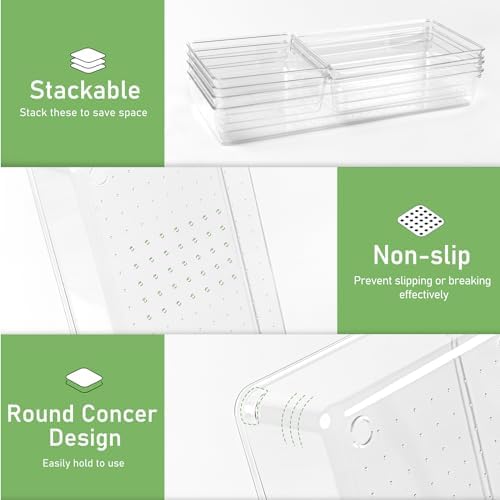 4PCS Clear Plastic Drawer Organizer Tray, 12'' Large Acrylic Vanity Bathroom Drawer Organizers Trays, Desk Drawer Organizer Bins for Cosmetics, Makeup, Kitchen, Office, Junk Drawer Organization