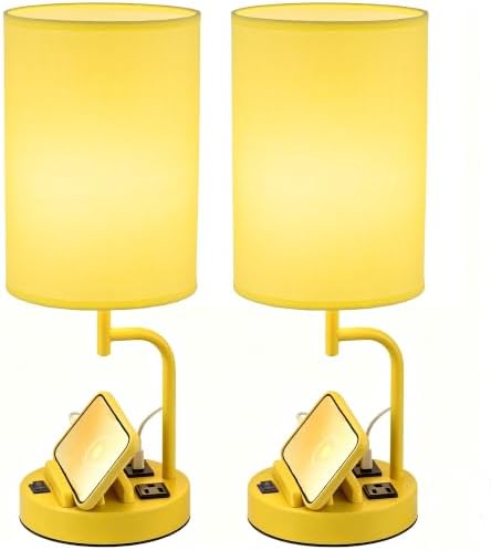 Dreamholder 2 Pack Table Lamp, Bedside Lamp with 3 USB Charging Ports & AC Outlet, USB Desk Lamp with 2 Phone Holders, Linen Fabric Shade Nightstand Lamps for Bedroom Living Room Office, Yellow