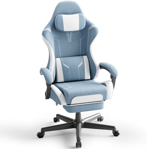 Ferghana Fabric Ergonomic Gaming Chair, High Back Computer Video Game Chair with Footrest, Linkage Armrest & Massage Lumbar Support for Adult, Blue/White