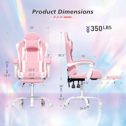 Magshion Gaming Chair for Adults, Ergonomic Computer Chair with Linkage Armrests, Height Adjustable Gamer Chair with Footrest and Headrest for Home Office, 350 Lbs Capacity, Pink/White