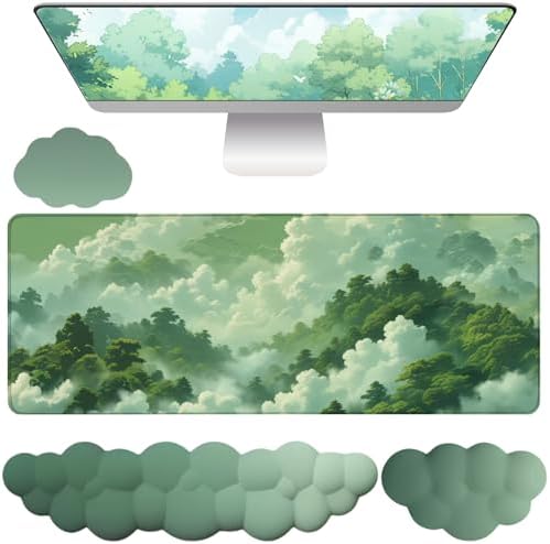 Green Cloud Mouse Pad and Keyboard Wrist Rest 4PCS Extended Forest Mountain Aesthetic Large Desk Mat Pad Set Memory Foam Non-Slip Cute Ergonomic Gaming Mouse Pad Wrist Support for Computer Home Office
