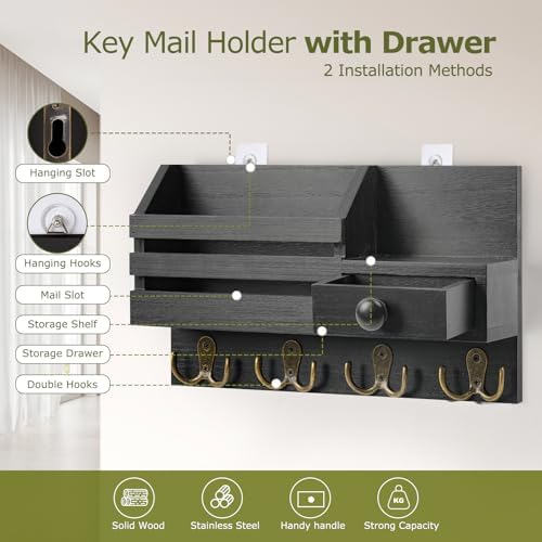 Key Holder Wall Mount, Wooden Key and Mail Organizer, Black